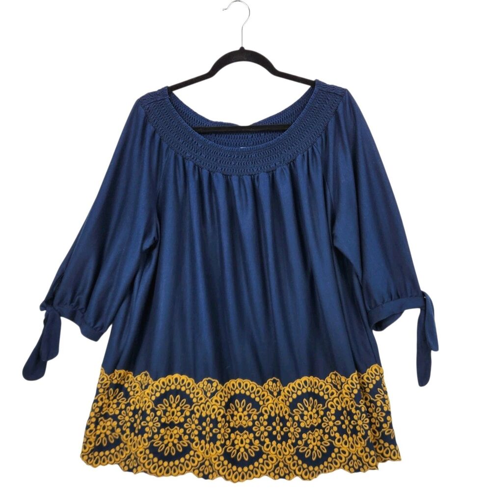 Fever‎ Women's Top 2X Smocked Over The Shoulder Embroidered Navy 3/4 Sleeve Boho